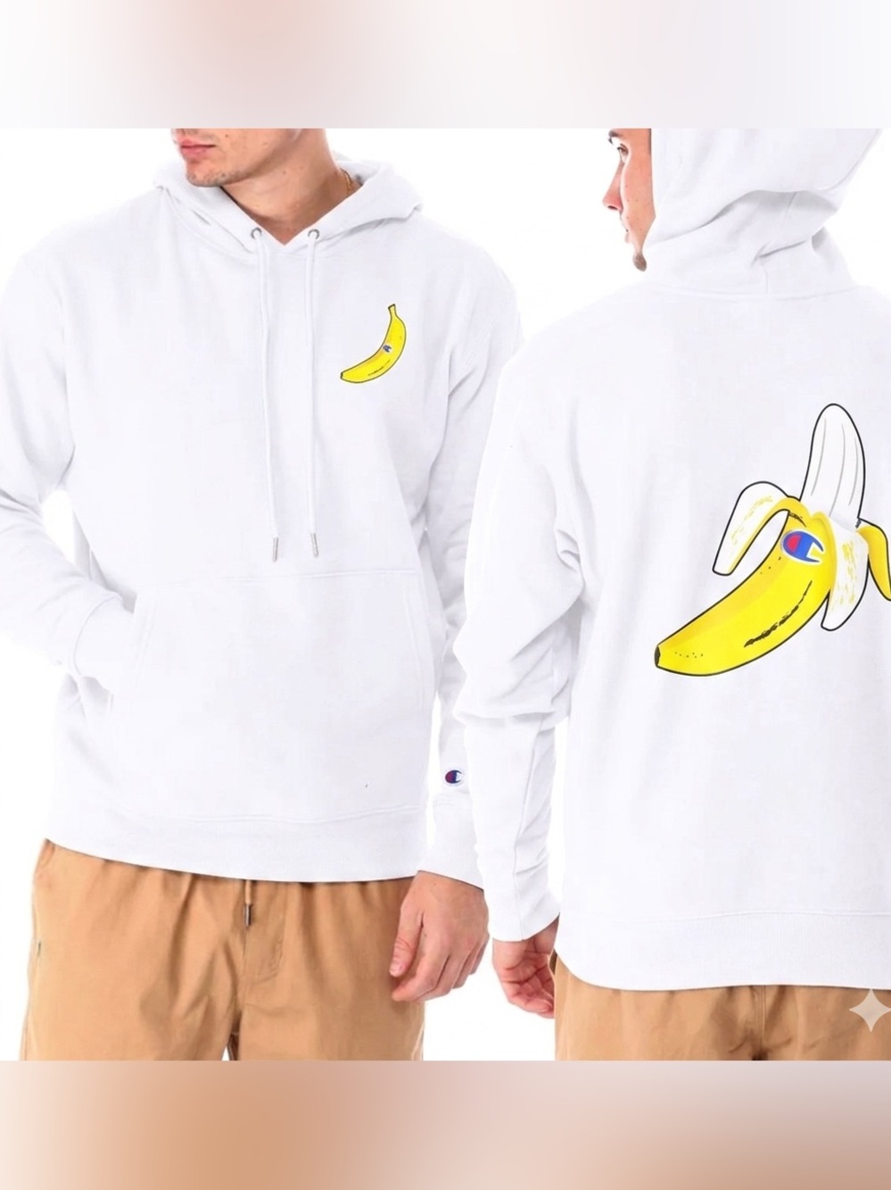 Champion Men Classic Fleece White Banana Logo Hoodie Large